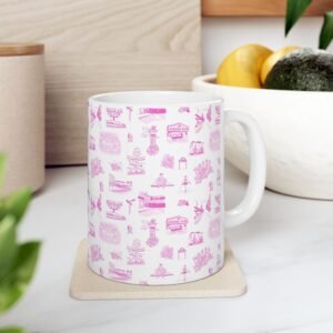 Pink Atlanta Toile Pattern Ceramic Mug — Vintage Cottage Icons, 11oz & 15oz